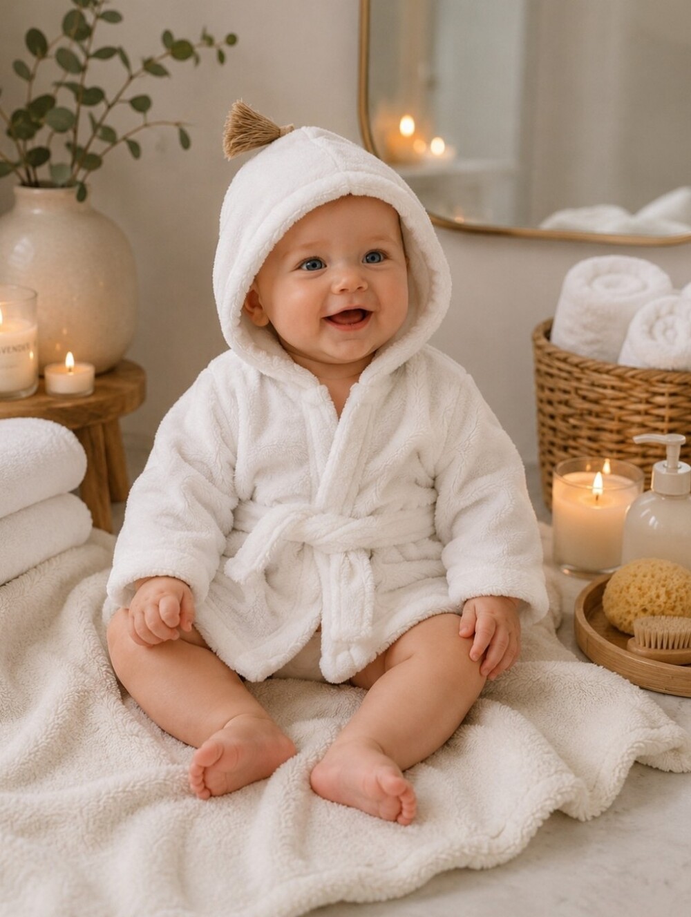 White Hooded Baby Robe with Tassel | 6-12M